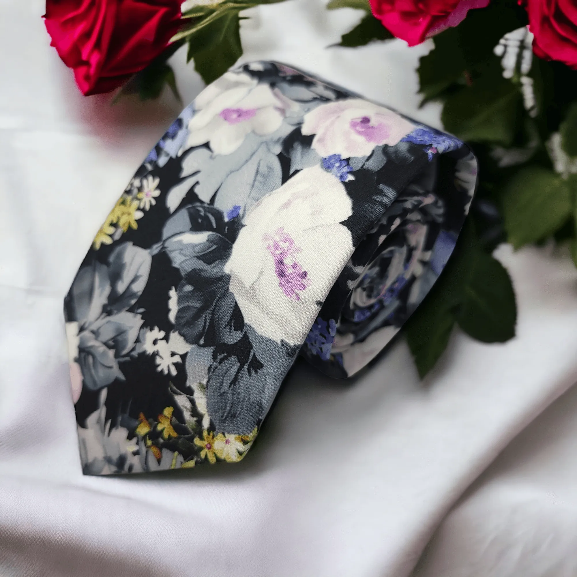 Black Lavender Floral Gray Tie