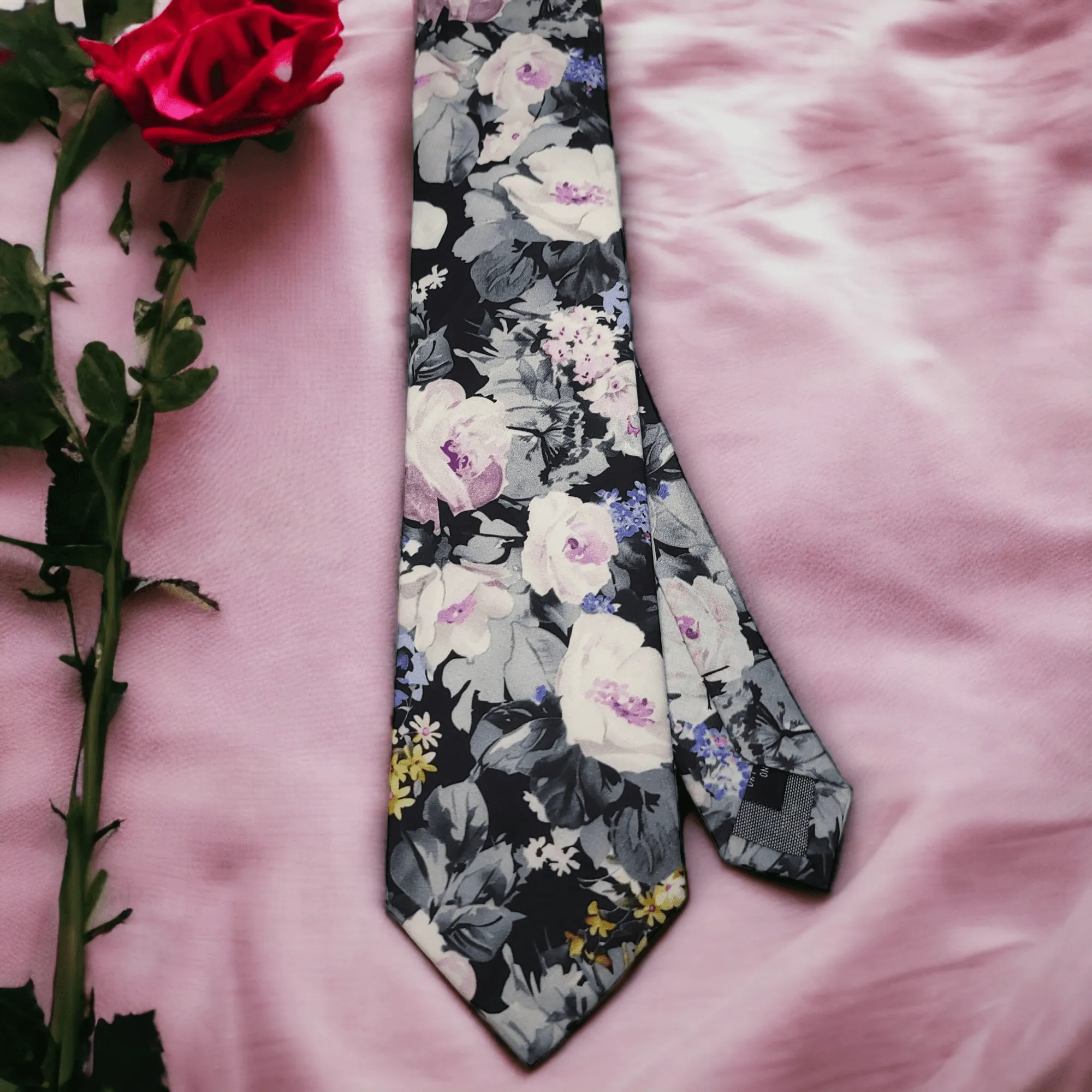 Black Lavender Floral Gray Tie