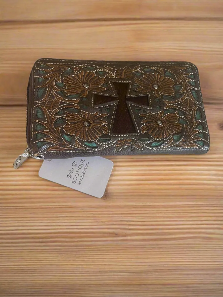 Cross Cow Hide and Tooled Wallet