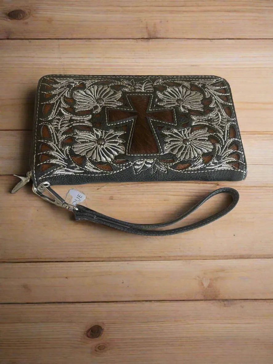 Cross Cow Hide and Tooled Wallet