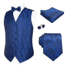 Men's 5pcs Paisley Suit Vest Classic Jacquard Button-Down Waistcoat Set, 185-Royal Blue