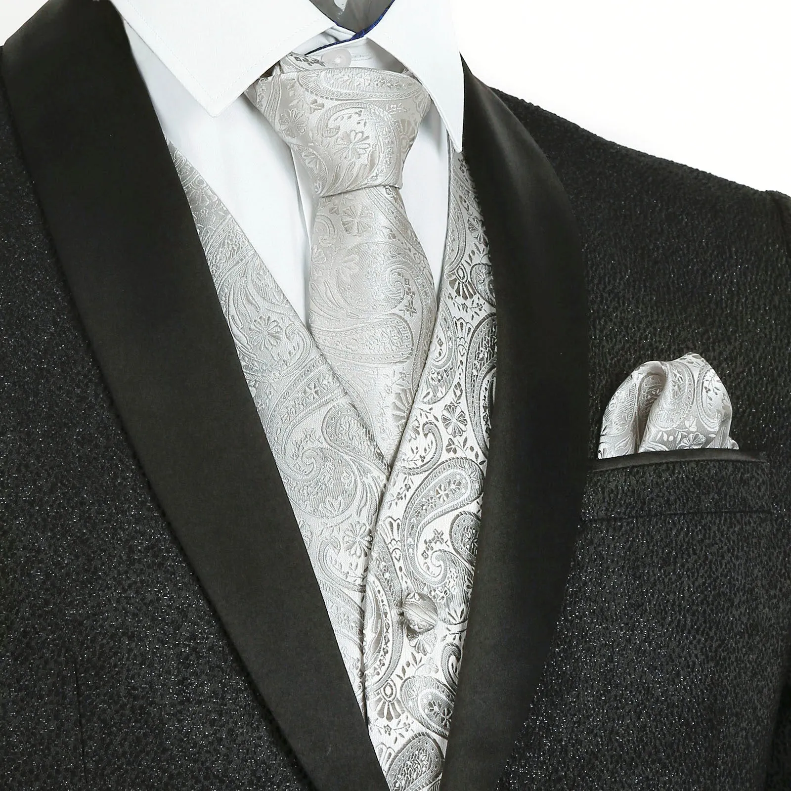 Men's 5pcs Paisley Suit Vest Classic Jacquard Button-Down Waistcoat Set, 185-Silver