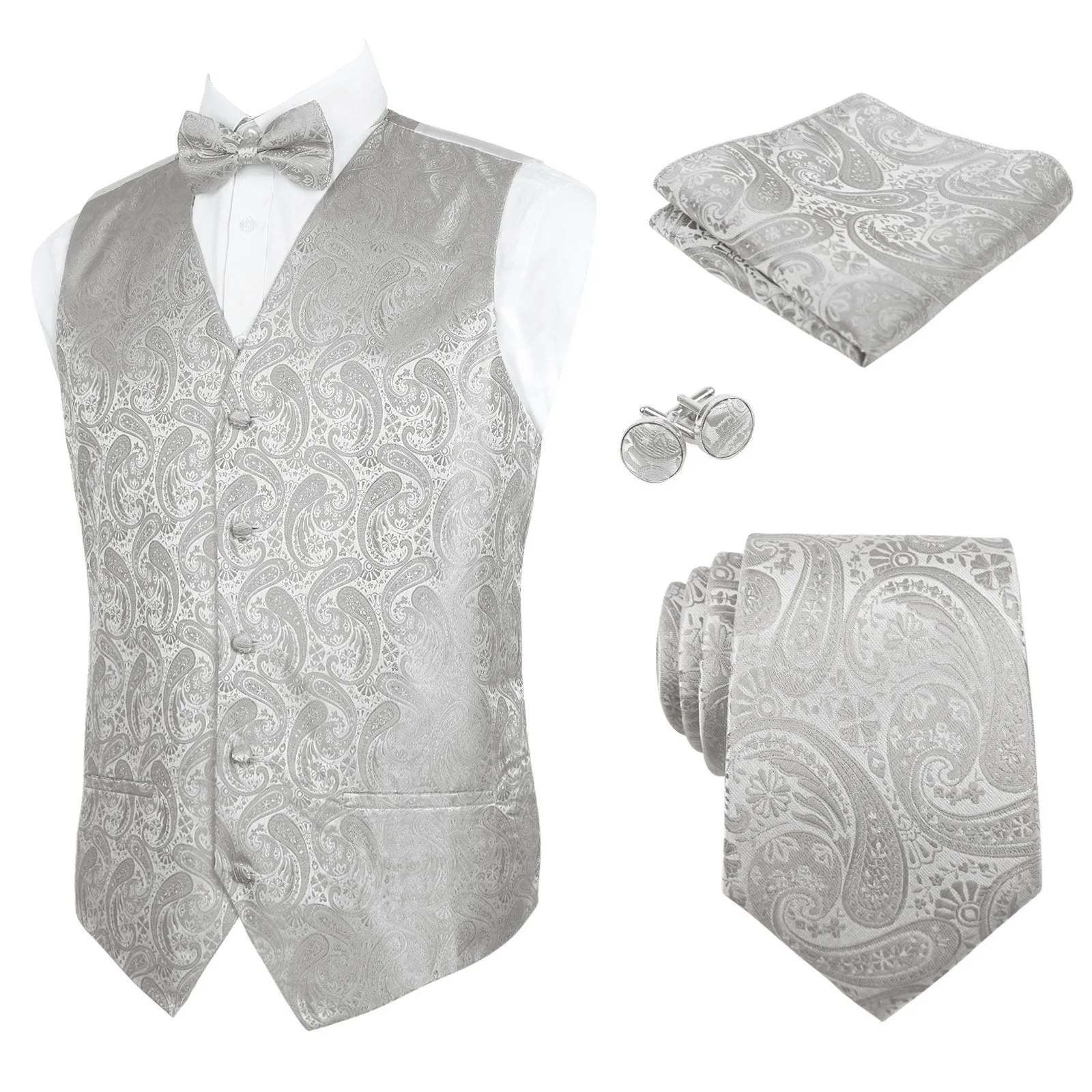 Men's 5pcs Paisley Suit Vest Classic Jacquard Button-Down Waistcoat Set, 185-Silver
