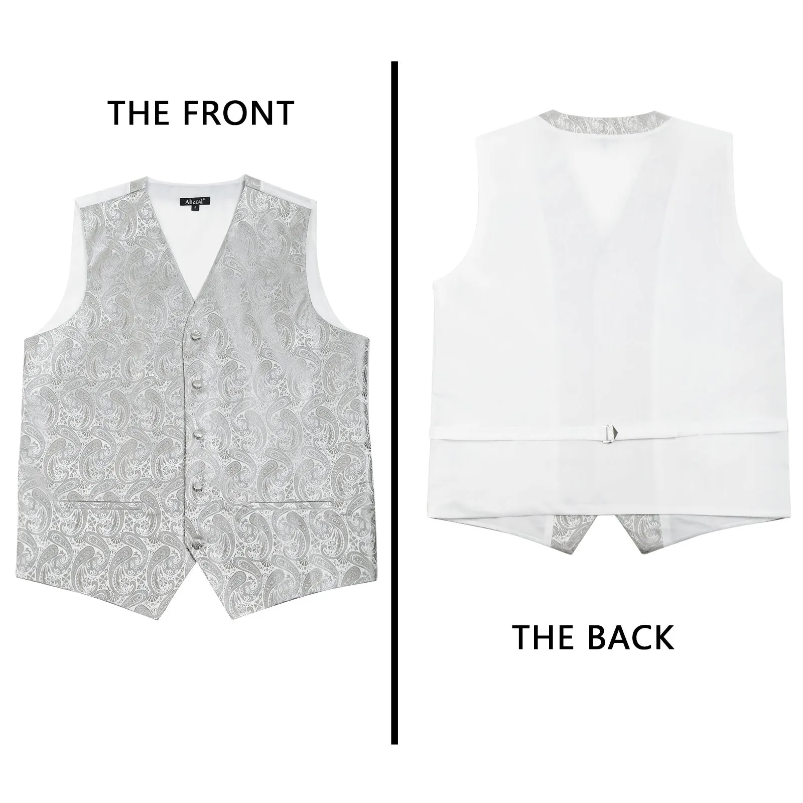Men's 5pcs Paisley Suit Vest Classic Jacquard Button-Down Waistcoat Set, 185-Silver