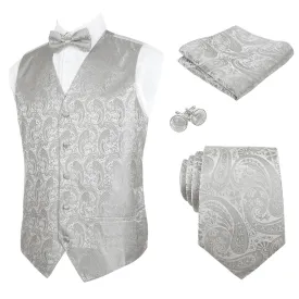 Men's 5pcs Paisley Suit Vest Classic Jacquard Button-Down Waistcoat Set, 185-Silver