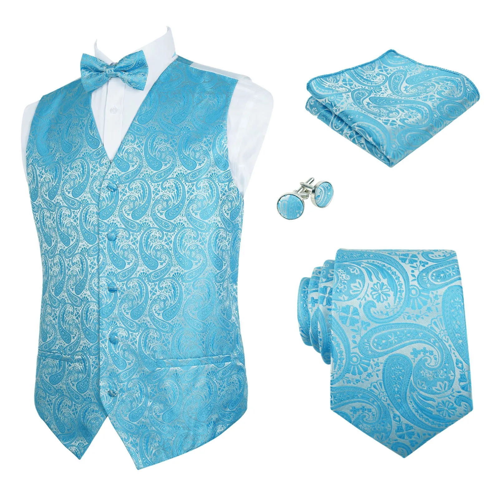 Men's 5pcs Paisley Suit Vest Classic Jacquard Button-Down Waistcoat Set, 185-Turquoise