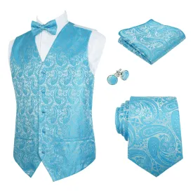 Men's 5pcs Paisley Suit Vest Classic Jacquard Button-Down Waistcoat Set, 185-Turquoise