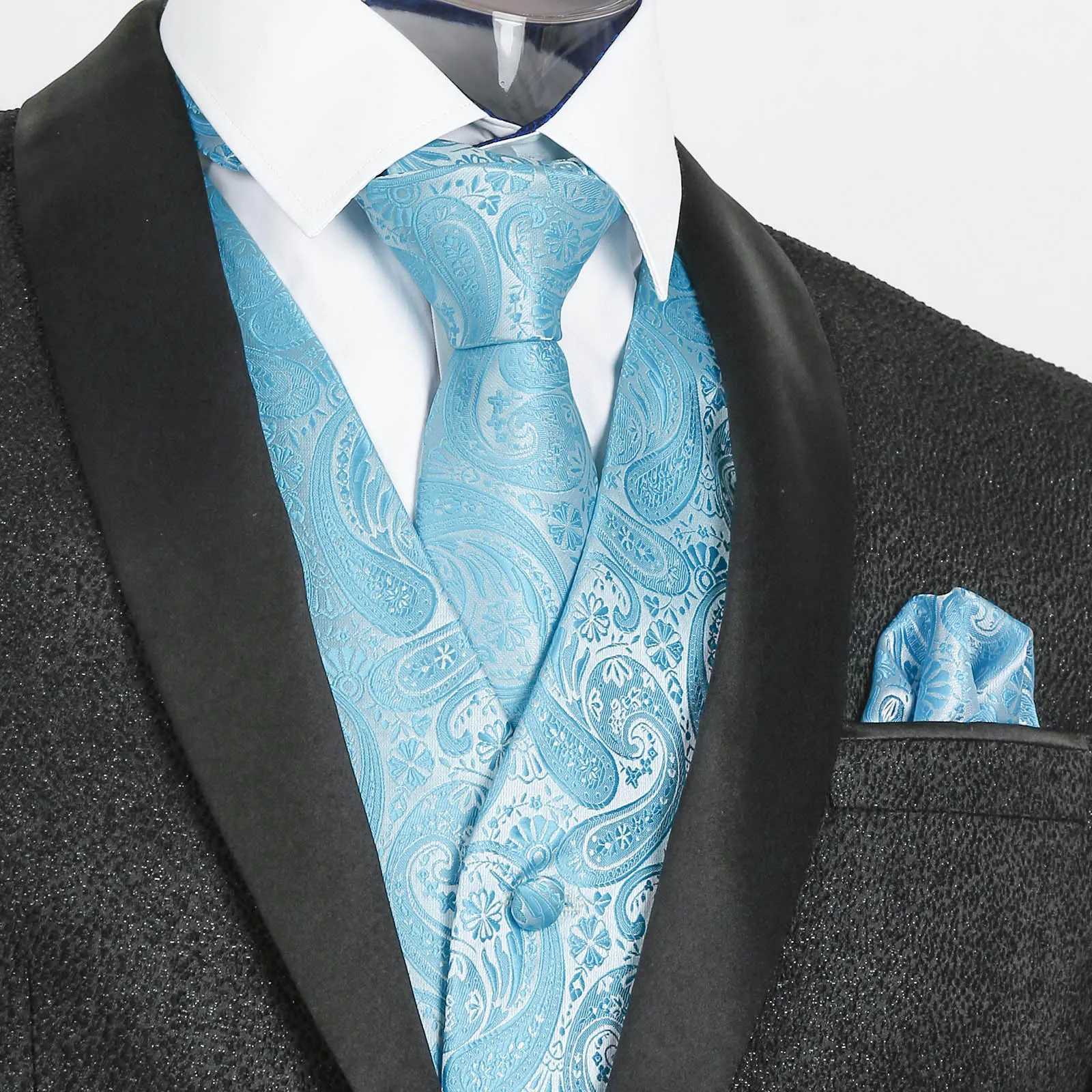 Men's 5pcs Paisley Suit Vest Classic Jacquard Button-Down Waistcoat Set, 185-Turquoise