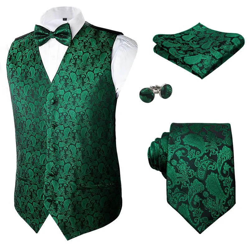 Men's Classic 5pc Suit Vest, Pre-tied Bow Tie, 9cm Necktie, Cufflinks and Handkerchief Set, 189-Dark Green