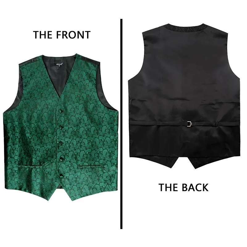 Men's Classic 5pc Suit Vest, Pre-tied Bow Tie, 9cm Necktie, Cufflinks and Handkerchief Set, 189-Dark Green