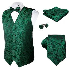 Men's Classic 5pc Suit Vest, Pre-tied Bow Tie, 9cm Necktie, Cufflinks and Handkerchief Set, 189-Dark Green