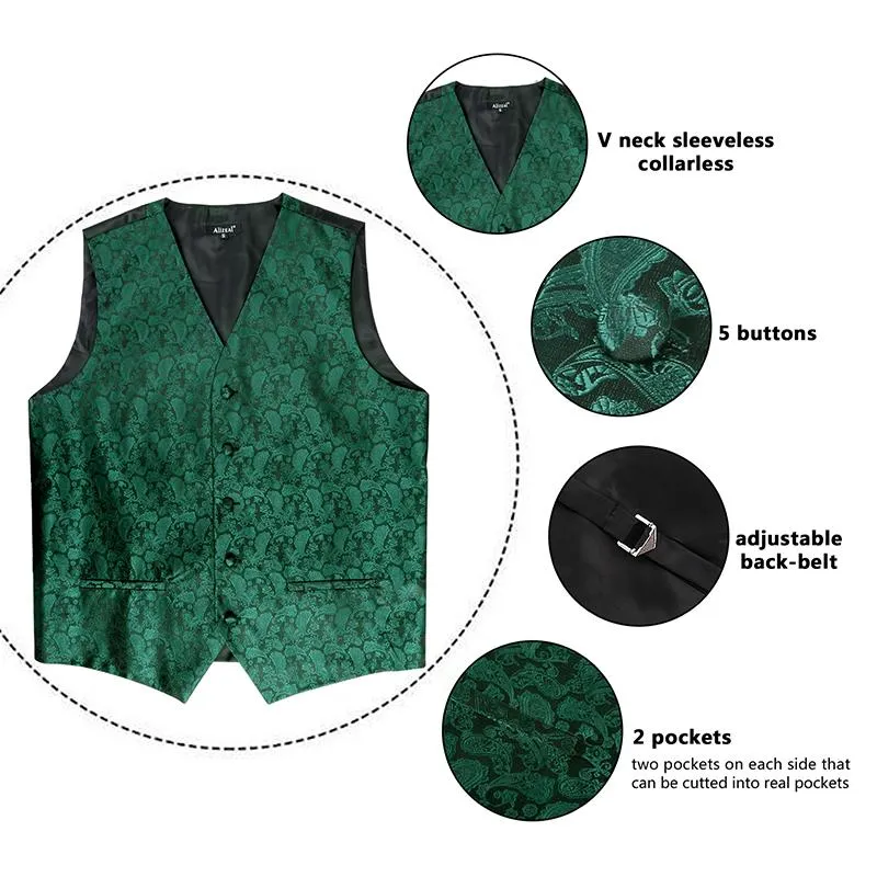 Men's Classic 5pc Suit Vest, Pre-tied Bow Tie, 9cm Necktie, Cufflinks and Handkerchief Set, 189-Dark Green