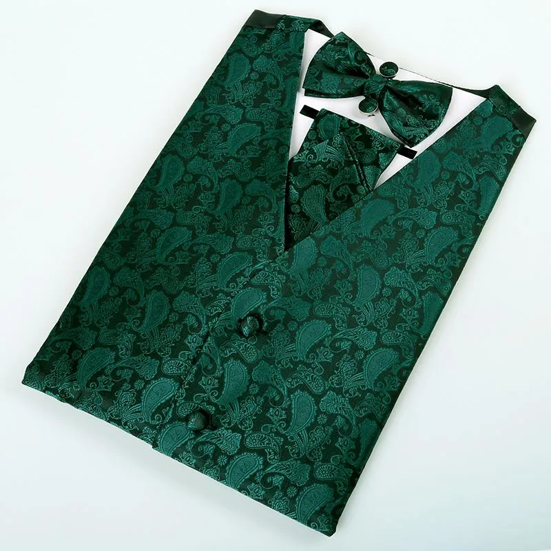 Men's Classic 5pc Suit Vest, Pre-tied Bow Tie, 9cm Necktie, Cufflinks and Handkerchief Set, 189-Dark Green