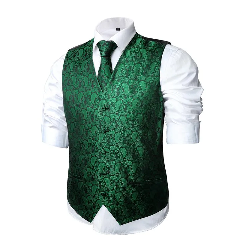Men's Classic 5pc Suit Vest, Pre-tied Bow Tie, 9cm Necktie, Cufflinks and Handkerchief Set, 189-Dark Green
