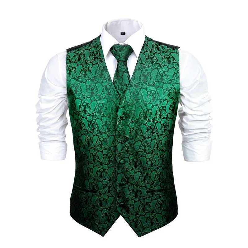 Men's Classic 5pc Suit Vest, Pre-tied Bow Tie, 9cm Necktie, Cufflinks and Handkerchief Set, 189-Dark Green