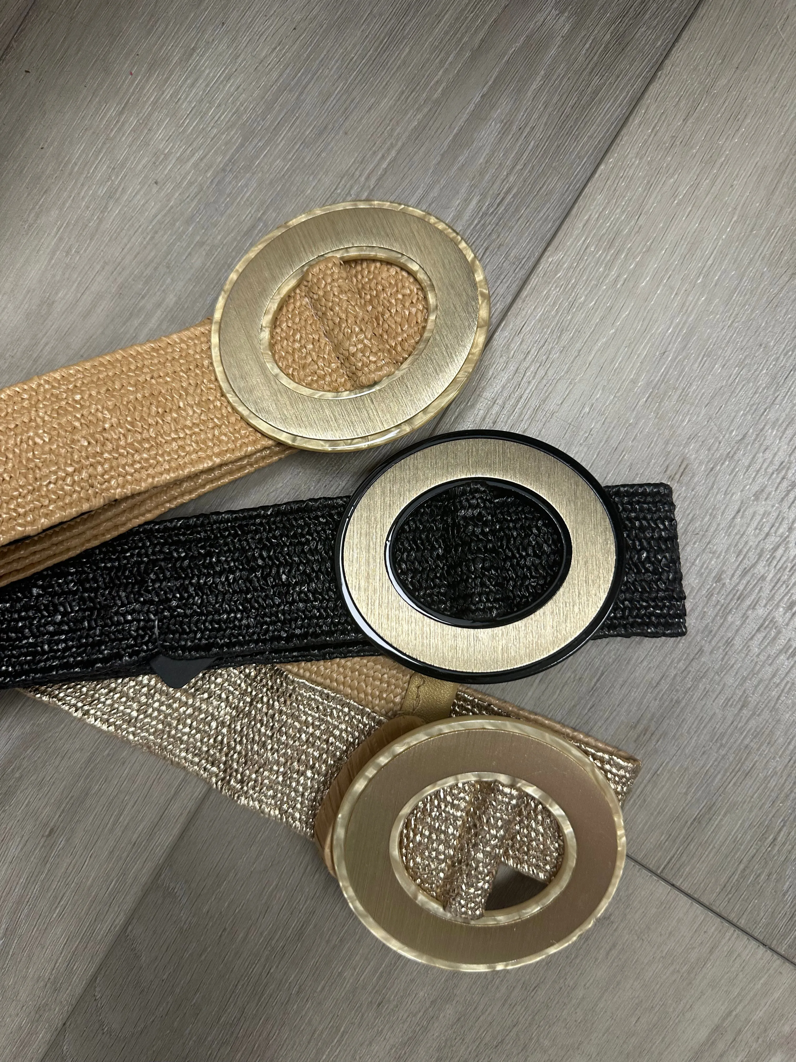 Raffia Stretch Belt With Satin Gold Buckle