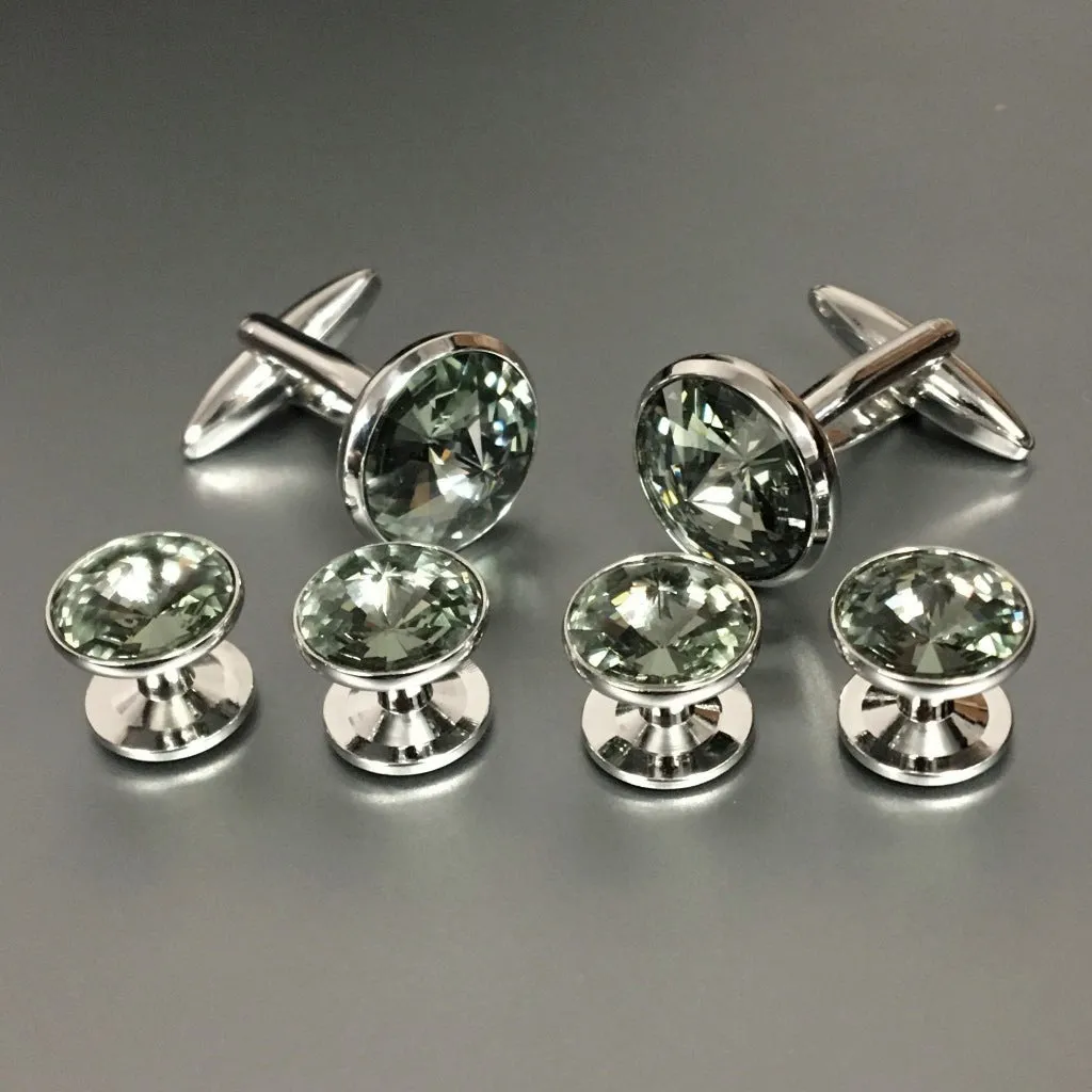 Round Silver Cufflinks and Studs Set with Black Diamond