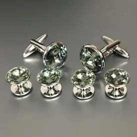 Round Silver Cufflinks and Studs Set with Black Diamond