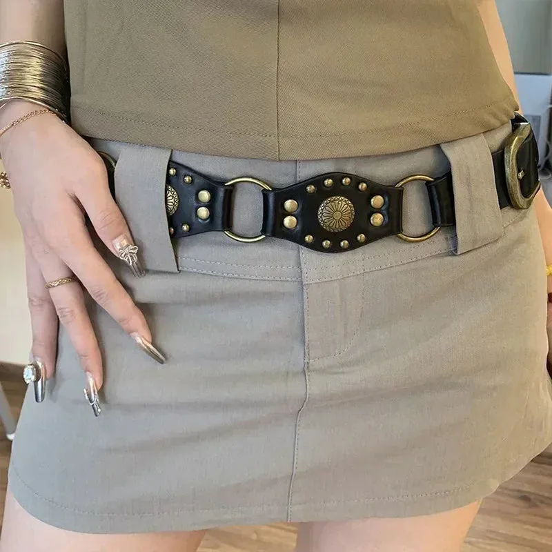 Vintage Circle Rivet Wide Belt - Cowboy Hollow PU Girdle Punk Metal Buckle