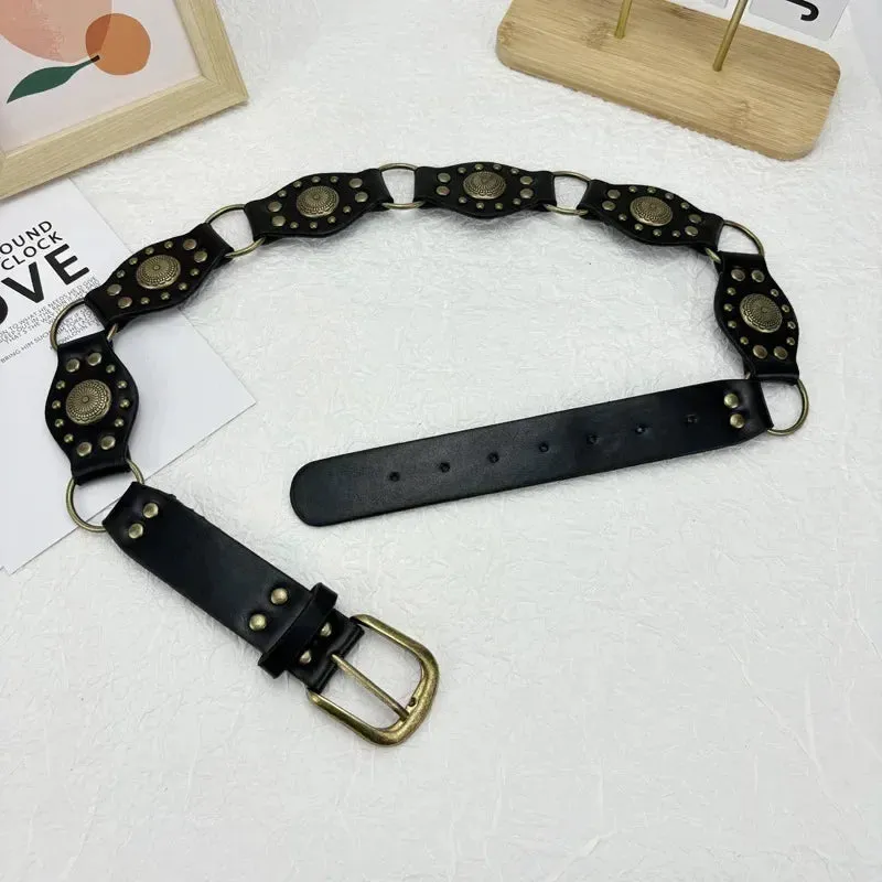 Vintage Circle Rivet Wide Belt - Cowboy Hollow PU Girdle Punk Metal Buckle