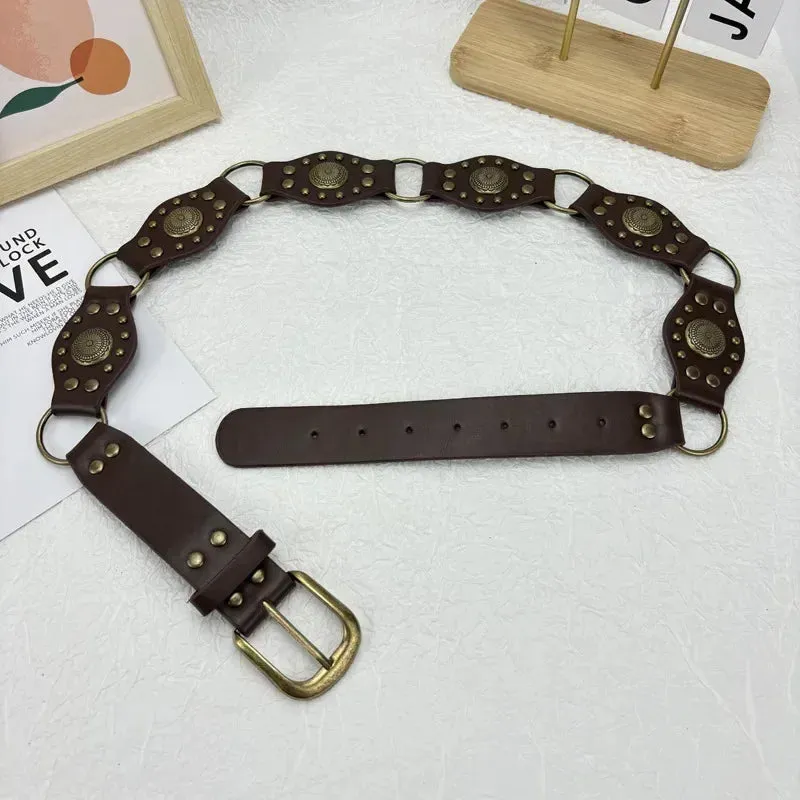 Vintage Circle Rivet Wide Belt - Cowboy Hollow PU Girdle Punk Metal Buckle