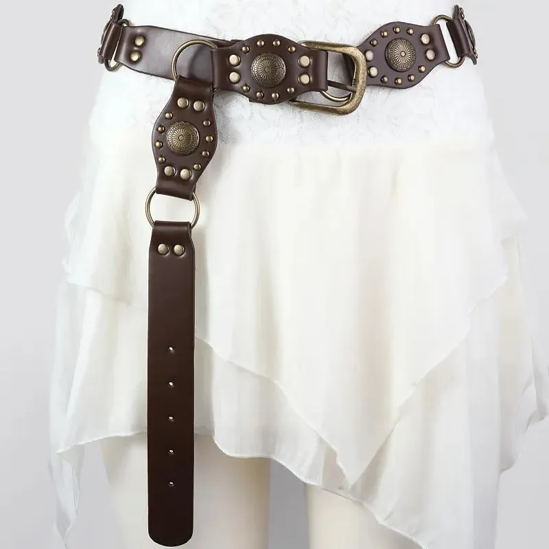 Vintage Circle Rivet Wide Belt - Cowboy Hollow PU Girdle Punk Metal Buckle