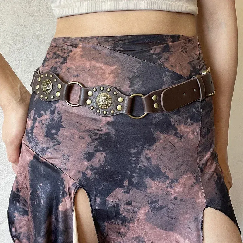 Vintage Circle Rivet Wide Belt - Cowboy Hollow PU Girdle Punk Metal Buckle
